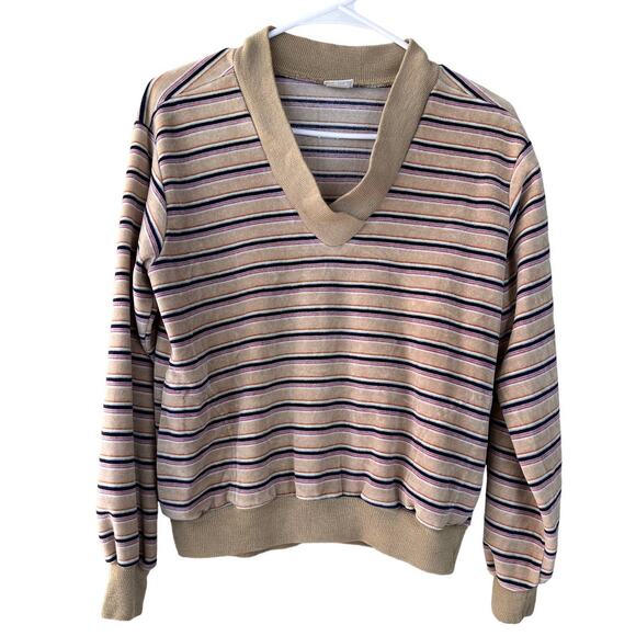 Vintage Levi’s Women's Sz: M Tan V-Neck Stripe Long Sleeve Pullover Sweater - Picture 1 of 12